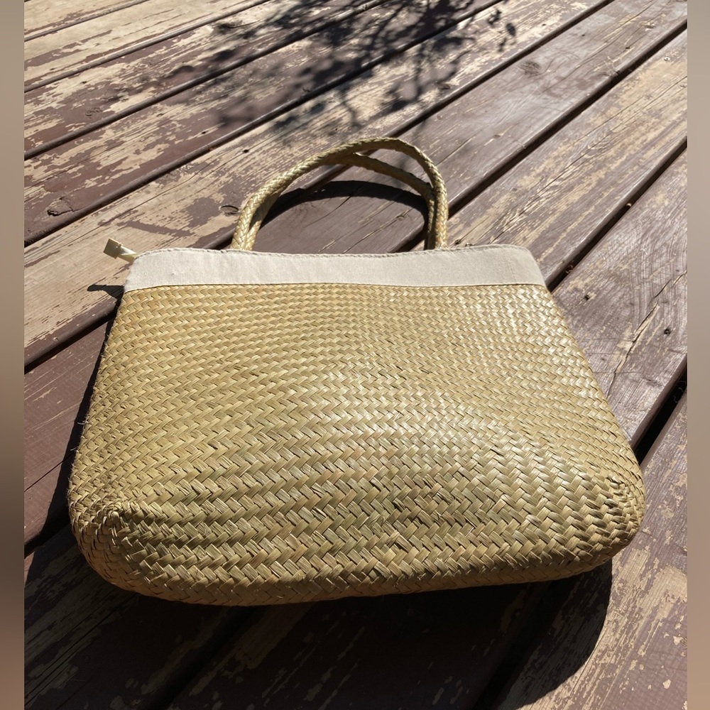NEW Plain beach straw bag with fabric pocket and zipper boho outdoor vacation